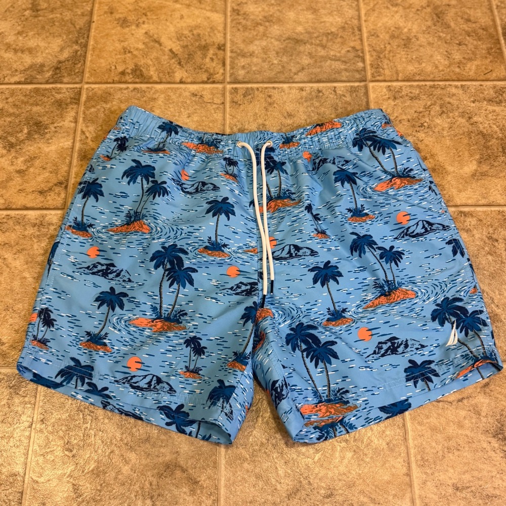 Nautica Mens Tropical Island Palm Tree Swim Trunks Blue Size Large 6 Inch Inseam